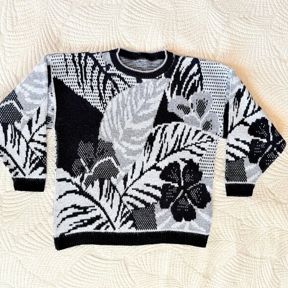 Vintage 90s Arielle Metallic Black & Silver Floral Long Sleeve Sweater Size L - Picture 4 of 7